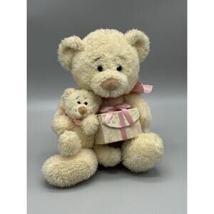 RBI Ron Banafato Beige Plush Teddy Bear Mom & Baby Cub W/ Gift Box Pink Bow 11"